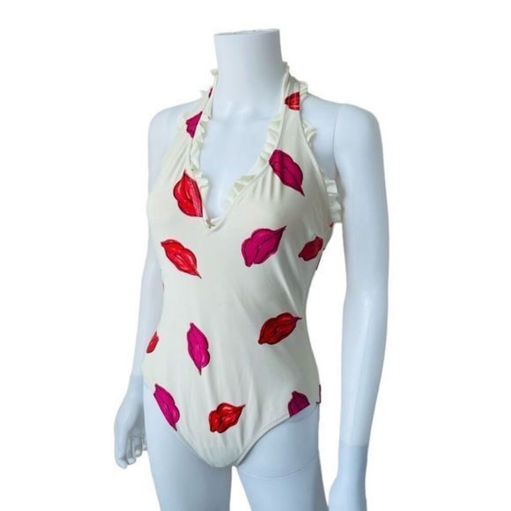 RARE Gideon Oberson Red Lips One Piece Swimsuit
